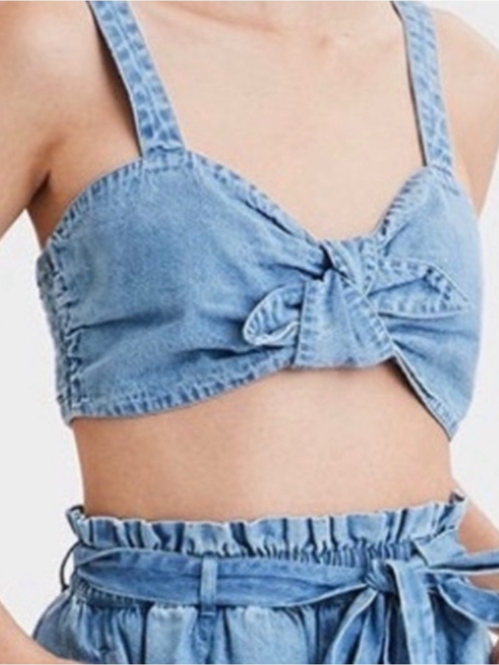 American Eagle Outfitters Light Blue Denim Tie-Front Crop Top